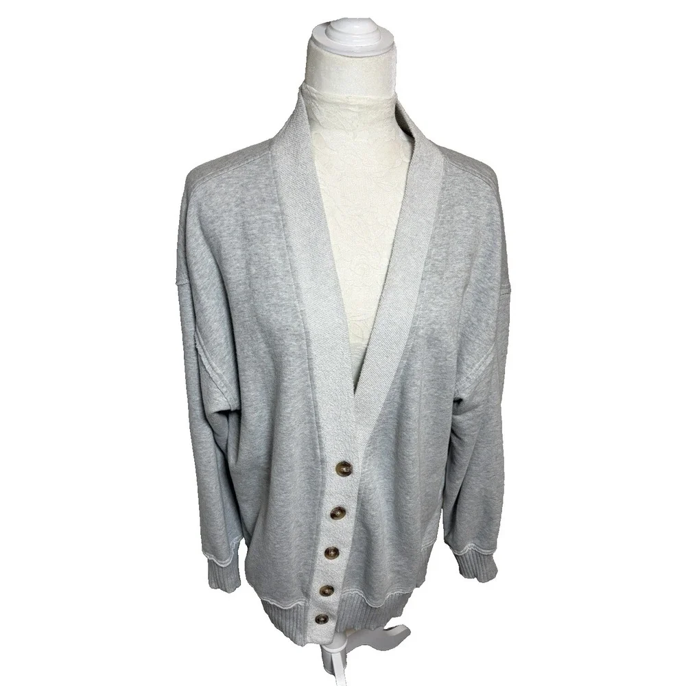 Aerie Boyfriend Button-Up Sweatshirt Cardigan~L~ Heather Gray Relaxed Loungewear - Picture 1 of 15